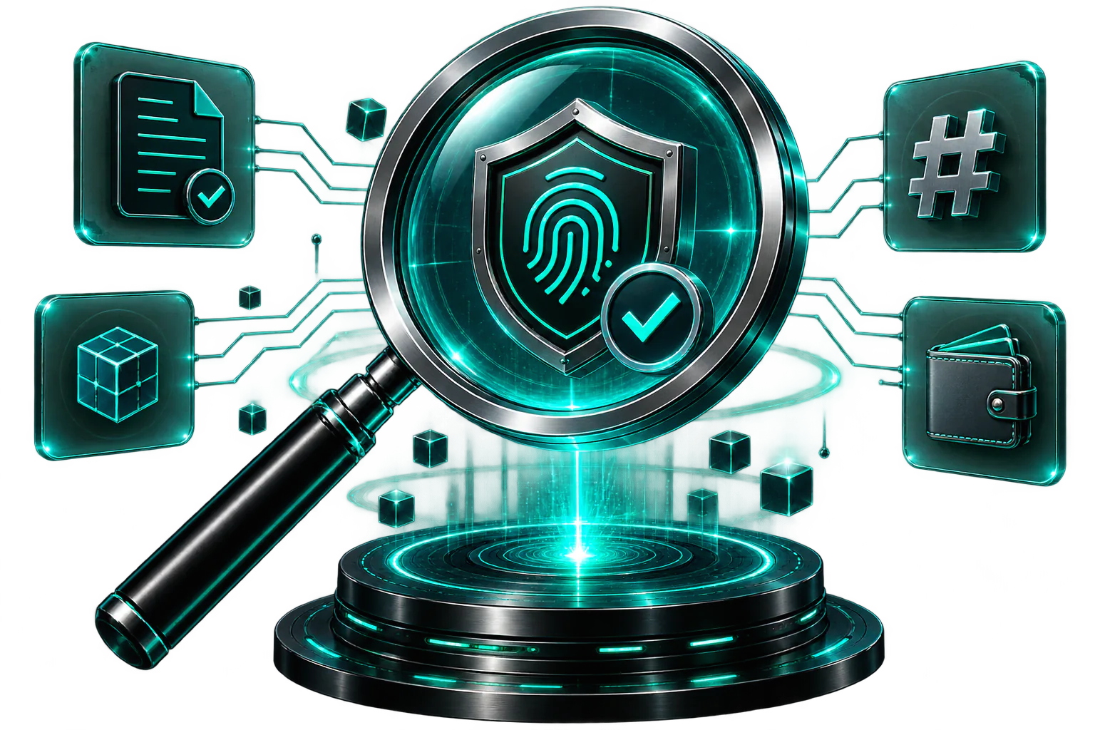 3D illustration of a magnifying glass scanning a verified shield above a circular platform